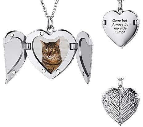 INBLUE Personalisierte Foto Kette Damen Medaillon Halskette Edelstahl Legierung Geschenk Jahrestag für Pärchen Geschenk für Mutter Tochter (Engelsflügel Silber Herz Anhänger)