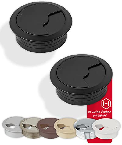 Gedotec Cable duct desk made of sturdy ABS plastic | 2 pieces round cable apertures 60mm | Entry | cable box black matt | cable duct for pressing in | cable duct desk