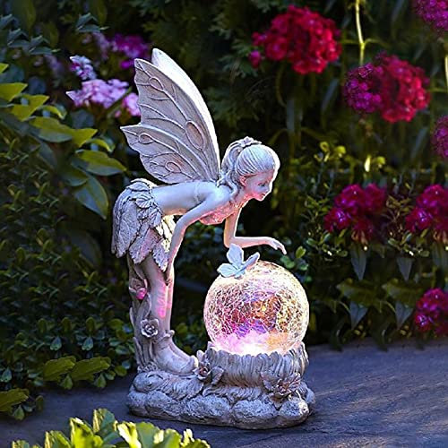 Gartendeko Angel Elf Figur mit LED Solar, Solarleuchte für Außen, Wasserdicht Gartenfiguren Elf Skulptur Fee Garten Statue, Deko Lampe für Outdoor Indoor (Bunt Licht)