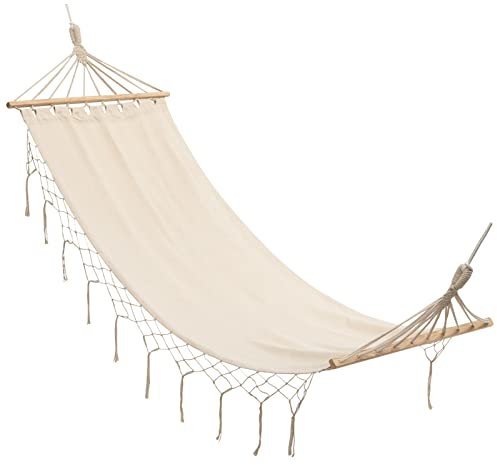 SUPTAIN Doppel-Hängematte mit Quasten, Garten-Hängematte, Massivholzstreben, geeignet für drinnen, Hof und draußen, hängende Hängematten-Seilschaukel, weiß