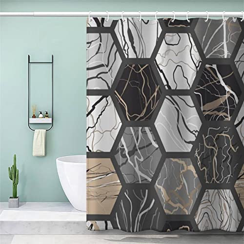VASENA 3D Duschvorhang 200x200 Wasserdicht mit Gewicht Saum Badewanne Vorhang Geometrisch Muster Sechseckiger Marmor Duschvorhang mit 12 Hooks Duschvorhänge für Badezimmer