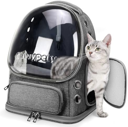 Cawypety Katzen-Rucksack-Tragetasche, atmungsaktiv, großer Platz, Bubble Pet Rucksack für Kitty kleine Hunde bis zu 5,4 kg, transparente & faltbare Haustiertrage für Reisen Wandern