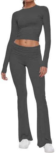 AnotherChill 2-teiliges Lounge-Set für Damen, umklappbar, ausgestelltes Hosen-Set, langärmelig, bauchfreies Oberteil, lässige Outfits, Pyjamas, dunkelgrau, M
