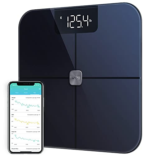 Wyze Smart Scale, Digital Bathroom Scale for Body Weight, Fat, BMI, Heart Rate, Body Composition Analyzer with App, Batteries Included, Bluetooth, 400 lb, Black-New