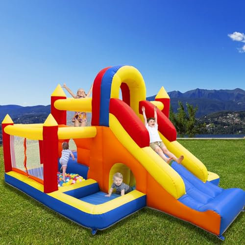 Ballsea Château Gonflable avec Ventilateur, intérieur XXL, Paradis pour Enfants avec Toboggan, Filet de sécurité, certifié EN71, pour 3 à 8 Ans