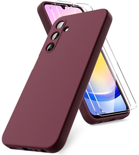 Vansdon Coque Compatible avec Samsung Galaxy A25 5G, 2 Film de Protection en Verre trempé, Housse Souple en TPU en Silicone Liquide, Housse en Caoutchouc Antichoc - Bordeaux