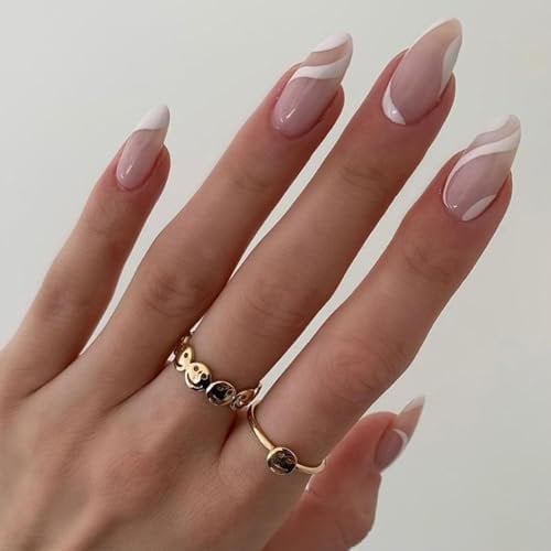 24PCS Medium False Nails with Glue Stickers, Almond Full Cover Acrylic Press on Nails no Glue,White Line French Fake Nails for Women and Girls Nail Art