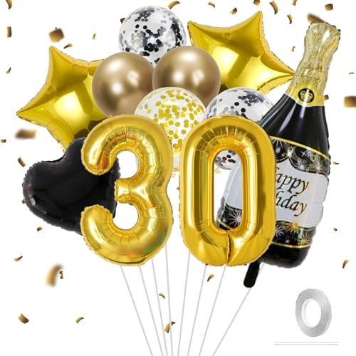 VIKY® Deko 30 Geburtstag Männer Frau,30 Geburtstag Deko Schwarz Gold,Geburtstagsdeko 30. Geburtstag Frauen Deko Ballons,30er Geburtstag Mann Deko Set mit Folienballon Zahl 30 und Konfetti Luftballon