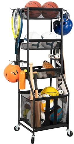 STORAGE MANIAC Ball Storage Bin Rolling Sports Ball Cart, Metal Garage Organizer Sport Rack Basketball Storage Cage for Garage or Gym, Indoor & Outdoor Sports Equipment Organizer with Shelves