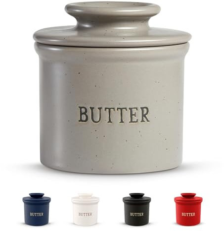 Kook Butter Crock with Lid, Soft Spreadable Butter, Ceramic French Butter Keeper to Leave On Counter with Water Line, Butter Dish, Home and Kitchen Decor (Speckled Grey, 12.4)