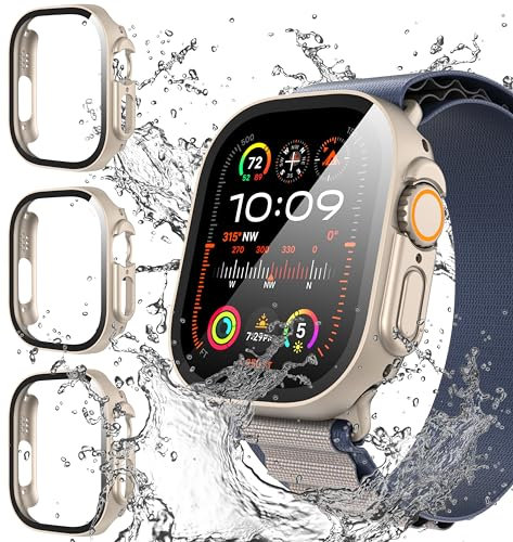 Diruite 3 Stück Schutzhülle für Apple Watch Ultra/Ultra 2 49mm Wasserdicht Hülle,PC Ultradünne HD Hartglas Glas Displayschutz für iWatch 49mm Case