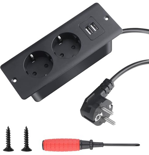 BouGPeng Prise Encastrable Plan de Travail avec 2 USB Double Prise Encastrable de Table Multiprise Encastrable de Table pour Cuisines avec câble de 1,5 m pour Cuisines Bureaux Salle de Réunio-Noir