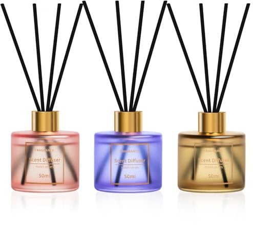 Raumduft Diffuser 3 x 50ml Mit 12 Duftstäbchen,Pfirsich-Oolong/Birne Freesie/Osmanthus-Oolong,Natürlich,Langanhaltend,Home Duft Reed Diffusor Lufterfrischer für Schlafzimmer Büro Badezimmer