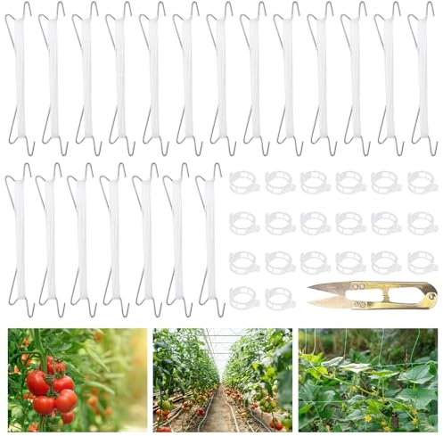 ZUYIST 20 Stück Tomatenhaken Metall mit 20 Pflanzenschnalle & 20 Stk15m Seil, Haken für Tomaten Gewächshaus mit kleine Schere Tomaten Rankhilfe für Hängende Tomaten und Gurken