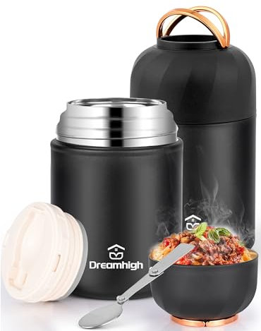 Dreamhigh® Termos per Alimenti 550 ml, Contenitore Termico per Alimenti Caldi con Maniglia, Portavivande Termico Acciaio Inossidabile con Cucchiaio, per Zuppa, Pasta (Nero)