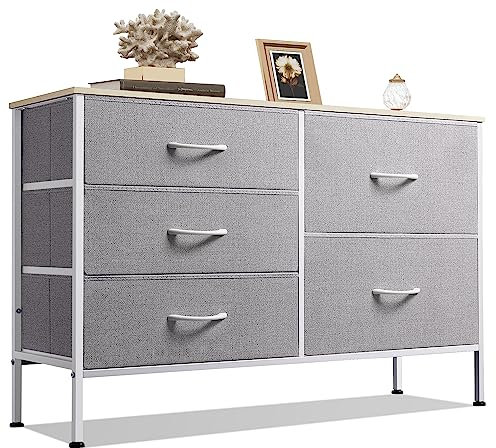 WLIVE Kommode mit 5 Schubladen aus Stoff, Kommodenschrank für Schlafzimmer, Kommode Wohnzimmer, mit Stabiler Stahlrahmen und Holzplatte, Hellgrau