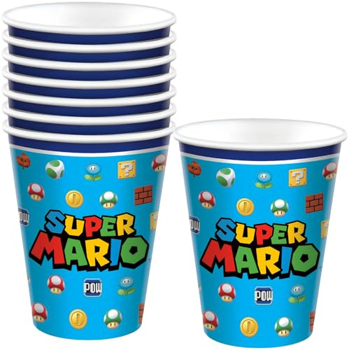 Amscan Lot de 8 gobelets multicolores Super Mario Brothers (255 ml) – Gobelets à thème durables et réutilisables, parfaits pour les fêtes d'enfants