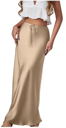 Maxi Skirts Womens Satin Long Skirt Ladies Solid Elegant Club Dinner Prom Party Skirt Full Length High Waist Lace up Skirt Summer Loose Long Dresses Rose Gold