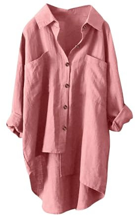 HUIFUAO – Chemise à Manches Longues pour Femme, col en V, en Coton et Lin, Chemise Blanche, Haut Basique surdimensionné pour Femmes avec Poche, A03 Rose, XL
