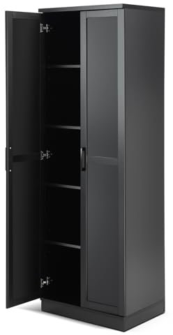 GiantexUK 177cm Tall Kitchen Cupboard, Wooden Storage Cabinet with Adjustable Shelves, 2 Doors & Anti-tipping Kits, Freestanding Display Sideboard Unit for Dining Living Room Pantry (Black)