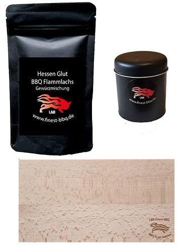 Hessen Glut BBQ Rub Set mit Flammlachs Gewürzmischung, 1 Hand Snack Brettchen, 1 Gewürzstreuer - das perfekte Set für den BBQ Liebhaber, hochwertige Grill-Gewürze mit dem extra Geschmack