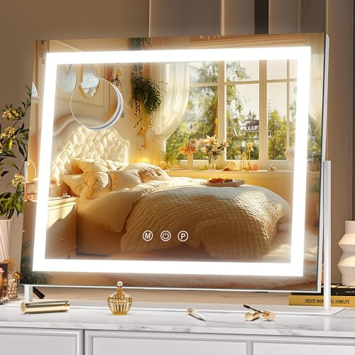 Hasipu Schminkspiegel mit Licht 35 x 27cm Spiegel mit Beleuchtung, LED Kosmetikspiegel mit 10x Vergrößerung, 3 Farbtemperatur Licht, Smart Touch, Quadratisch Weiß