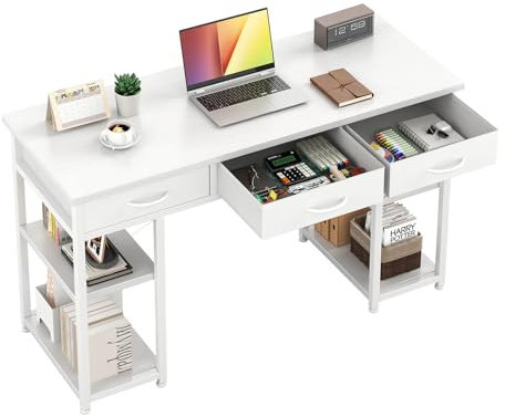 MUTUN Escritorio para ordenador con 3 cajones y 2 estantes, 43 pulgadas, escritorio de estudio, color blanco, pequeño escritorio con espacio de almacenamiento para dormitorio, blanco