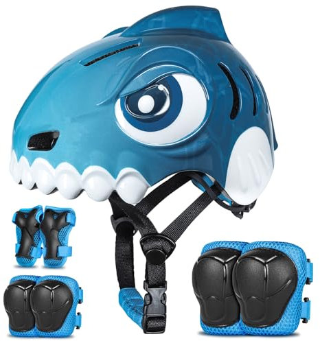 FUNWICT Casco Bicicleta Niño 3D Animados Casco Bici para Niños y Niñas de 3-8 Años Ajustable Casco Bici Bebe con Juego Protectores para Bicicleta, Patinete y Skateboard (Azul Set, S: 50-54 cm)