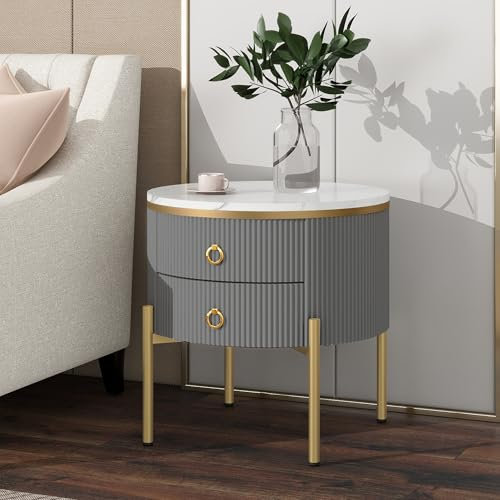 Merax Rund Couchtisch mit Schubladen Beistelltisch Modern Wohnzimmertisch mit Stauraum, Marmorstruktur, goldenen Beinen und Griffen, für Wohnzimmer Büro, Grau
