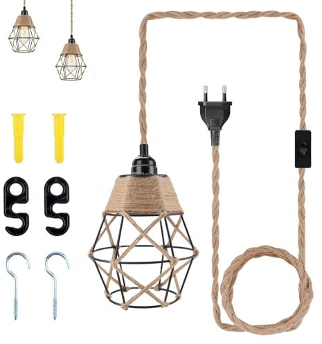 RYAN Hängelampe mit Stecker Lampe Steckdose mit 177in Seil Kabel Hängelampe Vintage Textilkabel Käfige Lampe Industrial E27 für Schlafzimmer Treppenhaus Korridor Nachttischlampen (Ohne Glühbirne)