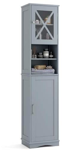 GIANTEX Badezimmerschrank, schmaler Badschrank mit 2 Türen, Verstellbarer Ablage & 2 offenen Fächern, Hochschrank für Badezimmer & Wohnzimmer (Grau,40 x 30 x 170,5 cm)