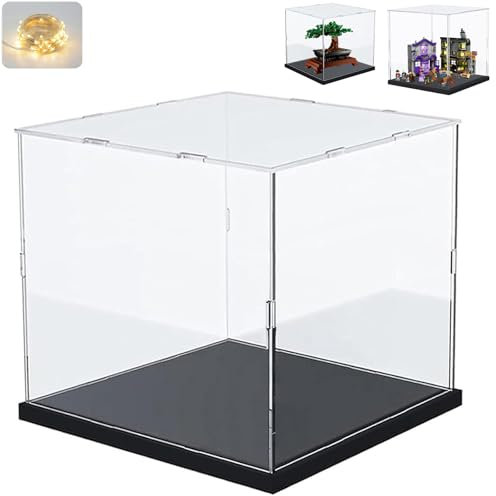 Acryl Vitrine Schaukasten für Lego 10281 43249 75403 75381, Glasvitrine Acrylbox Transparent Würfel für Figuren Sammlerstücke Spielzeug | mit Holz-Kunststoff-Basis & Licht, Schwarz Innen 25x25x25cm