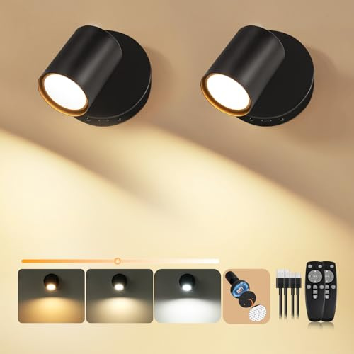 Dehobo Rechargeable Wall Lights Indoor, Battery-Operated Wall Sconces with Remote Control, 3 Colour Temperatures, Stick On Picture Spot Lights for Home Decor, Wireless Lamps for Reading Bedroom