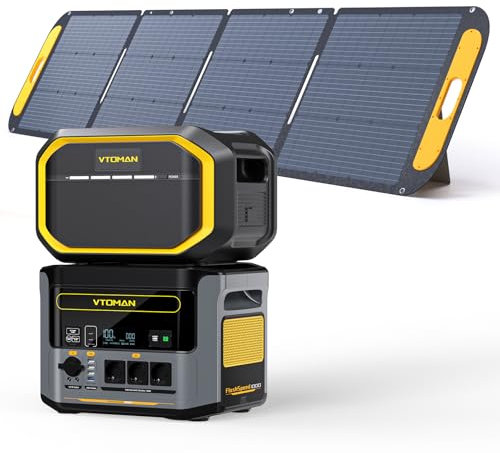 VTOMAN 1000W Komplett-Set 2376Wh Tragbare Powerstation Notstromaggregat mit 200W Solarpanel und Zusatzbatterie, 100W USB-C, 1000W Dauerleistung 2000W Spitze, 1h Schnellladung für Camping, Wohnmobil