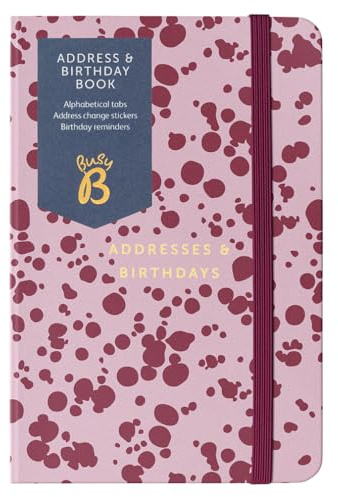 Busy B Address & Birthday Book - Burgundy Spray Print Cover | Keep contacts organised with alphabetical tabs, birthday reminders, address stickers, pockets and elastic closure.