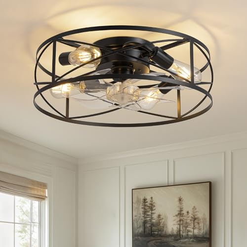 NEWSEE LED Modern Industrial-Style Ceiling Fan Light with Remote Control, 6-Speed Reversible E26 Socket Retro Ceiling Fan Light Suitable for Bedrooms, Living Rooms, Kitchens 50cm
