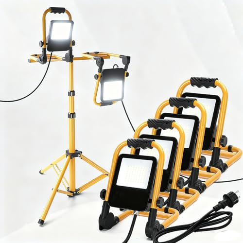 Aigostar Baustrahler LED 4x30W 2700LM LED Arbeitsleuchte mit Stecker, IP65 Wasserdichtes Arbeitsscheinwerfer, für Werkstatt oder Baustelle,Garage, 6500K Kaltes Weißes Licht（Ohne Halterung）