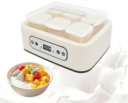 MIIWWOWO Joghurtbereiter Automatisch mit 6 x 250ml Gläsern, 1-99 Stunden Timer, 21-48°C Temperaturregelung, Edelstahl Joghurtmaschine mit LED-Display, 1,5 L Gesamtkapazität, 26x21x15cm, Beige