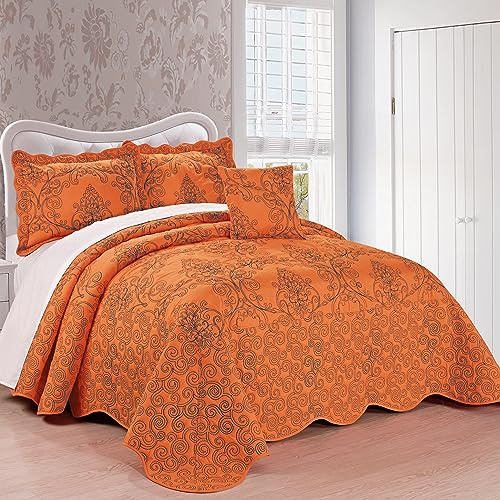 Home Soft Things Damask 4 Piece Bedspread Set, Scalloped Edge Reversible Quilt Coverlet Comforter Prewashed Bedding Set, Matelasse Embossed Floral Solid Pattern,Nectarine Oversize Queen(110 x 120)