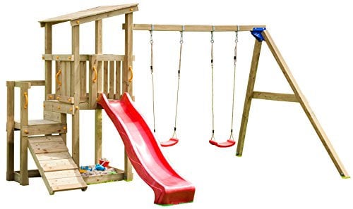 Blue Rabbit 2.0 Spielturm Cascade mit Rutsche 2,30 m + Kletterrampe + Doppelschaukel Spielhaus Kletterturm Spielplatz Kiefer MASSIVHOLZ imprägniert (Rot)