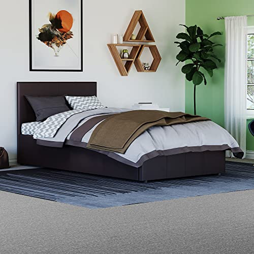 Vida Designs Lisbon Single Bed, 3Ft Ottoman Bed Frame Upholstered Faux Leather Headboard Low Foot End Bedroom Furniture, Brown (UKFR Certified)