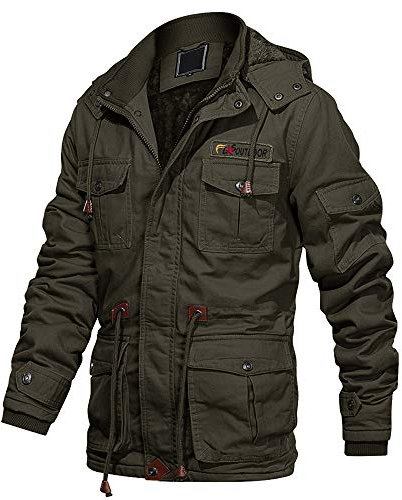 EKLENTSON Winter Jacket Cotton Thick Warm Cargo Coat Military Windbreaker Removable Hood, Green Army Green, M