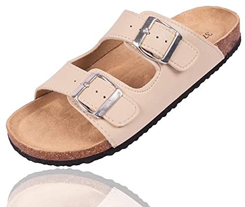 Schöne Damen Pantoletten mit 2 Schnallen für Haus, Garten(Sand (beige), 37)