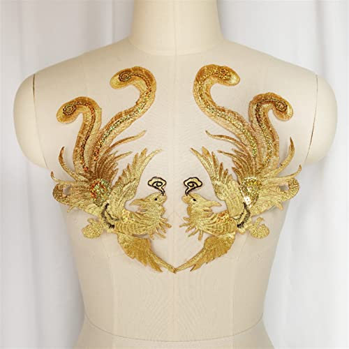 YUNSI Dekorative Flecken 2 stücke Gold Pailletten Phoenix Vogel bestickter Applique Näheisen Patch for Hochzeitskleid Braut Party Kleid Dekor Handwerk