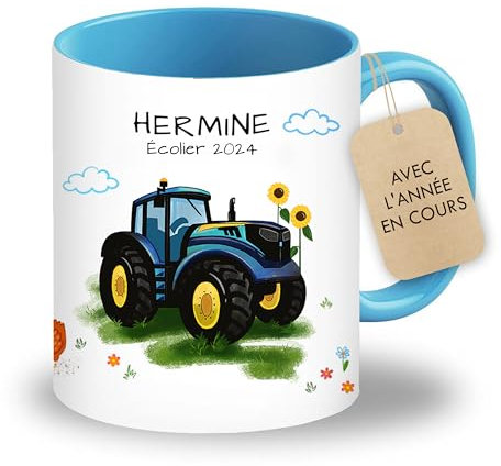 LOOXIS Mug personnalisée pour enfants avec nom, texte et motif - 325ml, céramique, différentes couleurs - Idée cadeau garçon, fille, rentrée scolaire, maternelle - Bleu, Tracteur