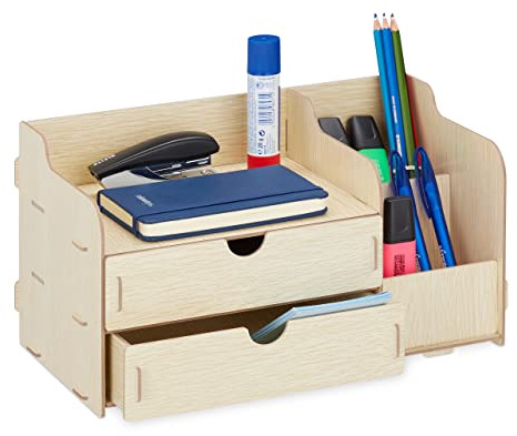 Relaxdays Desk Organiser, Office Supplies and Documents, Different Size Compartments, DIY, MDF, 17 x 33 x 19 cm, Beige