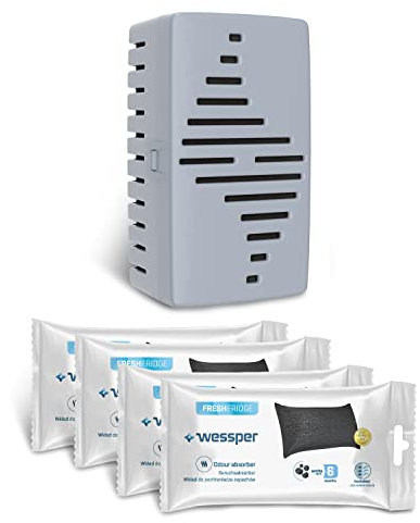 Wessper Fresh Fridge Geruchs-Absorber für Kühlschrank mit austauschbarer Kartusche, neutralisiert unerwünschte Gerüche, mit Aktivkohle, sehr effizient, 6 Monate Betriebsdauer, 4 Nachfüllpack