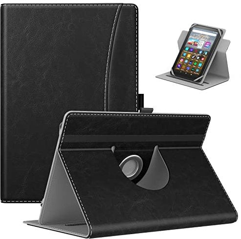 MoKo Custodia Compatibile con 7-8 iPad Mini 1-6. Gen./Samsung/Lenovo/Kindle Fire Tablet, Cover AntiGraffio Antiurto in PU con Supporto Girevole di 360° e Regolabili di Tre Angoli di Visuali, Nero