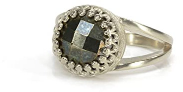 Anemone Jewelry Grau Pyrite Ring - Kräftiger Grauer Pyrite Edelstein in 925 Sterling-Silber Doppelband - Metallband Komplett Anpassbar - Geschenkideen für Frauen