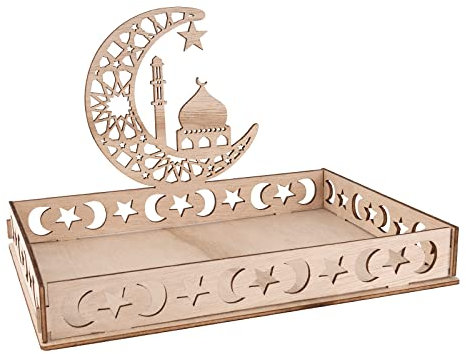 Eid Mubarak Teller Holz Tablett Ramadan Tischdeko Bayram Dekoration Serviertablett Islam Partyzubehör Mond Sterne für Süßigkeiten Kuchen Kekse (B)